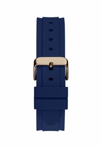 Cinturino in silicone blu navy con una fibbia metallica dorata. Presenta diversi fori di regolazione e una superficie liscia e textured.
