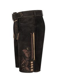 Shorts in pelle marrone scuro con dettagli di ricami floreali in marrone chiaro. Presentano una cintura, tasche laterali e dettagli con bottoni.