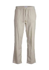 Lniane spodnie w jasnobeżowym kolorze, z elastycznym stanem i sznurkiem do regulacji, o luźnym kroju i prostych nogawkach.