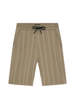 Beige knielange Shorts mit weißen vertikalen Streifen, elastischem Bund, schwarzem Kordelzug und Seitentaschen, dargestellt vor weißem Hintergrund.