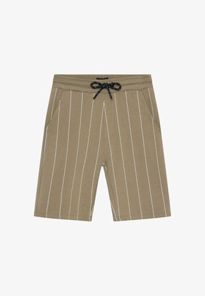 Shorts beige mi-cuisse à rayures verticales blanches, taille élastique, cordon noir et poches latérales, présentés sur un fond blanc.