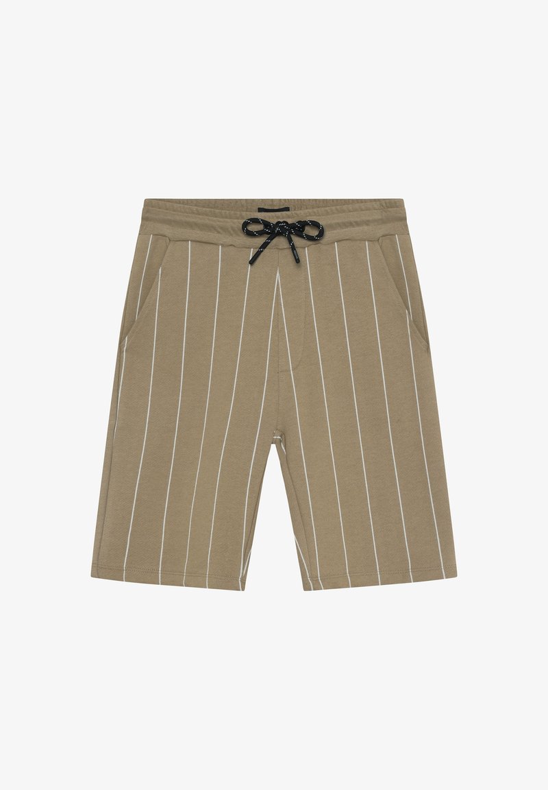 Shorts beige mi-cuisse à rayures verticales blanches, taille élastique, cordon noir et poches latérales, présentés sur un fond blanc.