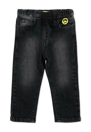 Jeans neri per bambini con vita elasticizzata e una piccola toppa gialla con faccina sorridente sopra la tasca destra.