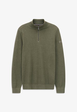 Khaki-grüner Pullover mit einem Viertelreißverschluss-Kragen, gerippten Bündchen und einem strukturierten Strickmuster. Minimalistisches Design mit einem dezenten Logo-Patch.