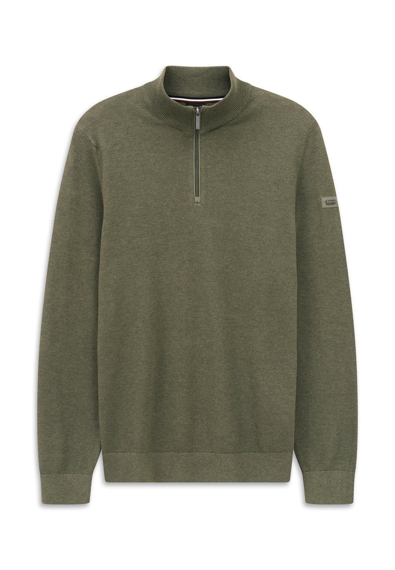 Khaki-grüner Pullover mit einem Viertelreißverschluss-Kragen, gerippten Bündchen und einem strukturierten Strickmuster. Minimalistisches Design mit einem dezenten Logo-Patch.