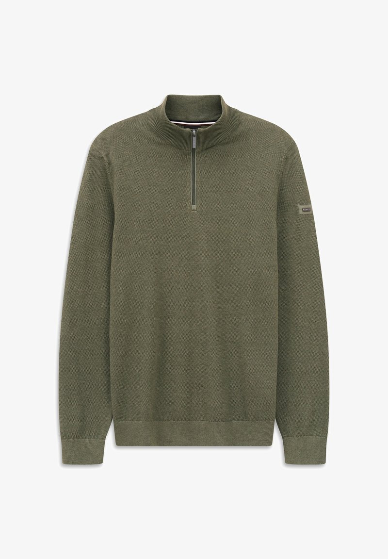 Khaki-grüner Pullover mit einem Viertelreißverschluss-Kragen, gerippten Bündchen und einem strukturierten Strickmuster. Minimalistisches Design mit einem dezenten Logo-Patch.