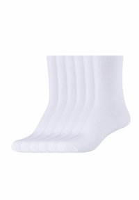 Calzini bianchi in cotone a crew in un set di sei. Presentano un polsino a coste e una texture liscia, progettati per comfort e versatilità.