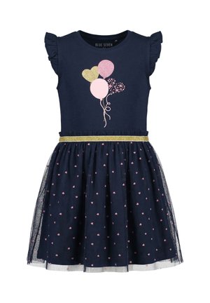 Marineblå pigekjole med flæseærmer, gyldent glitterbælte, ballon- og hjerteprint samt lyserød tylskørt med hjerteprint.