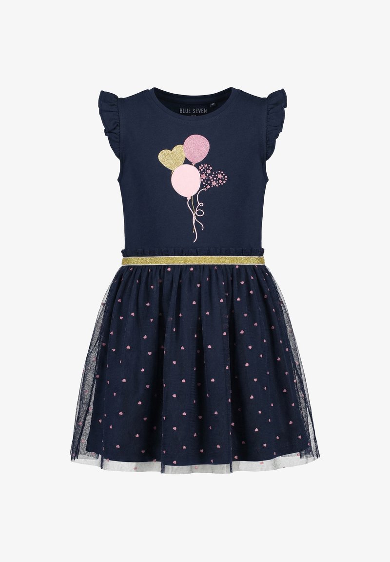 Robe bleu marine pour fille avec manches courtes volantées, ceinture dorée pailletée, imprimé ballon et cœur, et jupe en tulle rose à motif cœur en superposition.