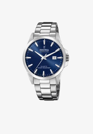 Silver metal bracelet watch with a blue sapphire dial, quartz movement, date display, and luminous hands. Features a polished bezel.