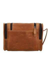 Brązowa skórzana kosmetyczka z dwoma zamykanymi komorami, gładką fakturą i kontrastowym białym przeszyciem. Posiada boczny uchwyt do łatwego przenoszenia.