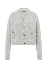 Grau verkürzter Cardigan aus strukturiertem Strickstoff, mit V-Ausschnitt, fünf metallischen Knöpfen und zwei aufgesetzten Fronttaschen mit Klappen.