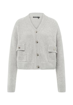 Grau verkürzter Cardigan aus strukturiertem Strickstoff, mit V-Ausschnitt, fünf metallischen Knöpfen und zwei aufgesetzten Fronttaschen mit Klappen.