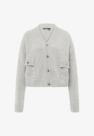 Gray cropped cardigan made of textured knit fabric, featuring a V-neck, five metallic buttons, and two front patch pockets with flaps.