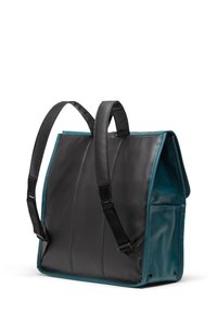 Black and teal backpack made of synthetic material; features adjustable black straps, a structured shape, and a glossy finish.
