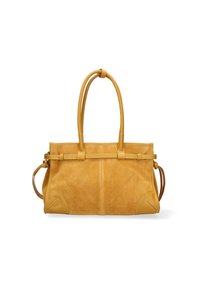 Borsa a mano gialla in pelle con due manici superiori, una tracolla removibile, texture liscia e scamosciata, e dettagli di cucitura a contrasto.
