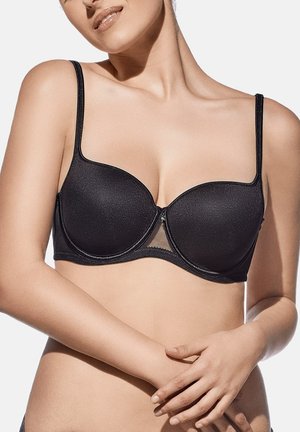 Sujetador negro con aros y tela suave y brillante. Cuenta con tirantes ajustables y un panel de malla en el centro. Diseño clásico para soporte.