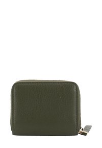 Olive green leather wallet with a textured finish, rectangular shape, zip closure, and a small pull tab on the side. Gold-tone hardware accents.