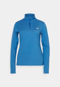 Modrý svetr s dlouhým rukávem a límcem na půl zip, se subtilním logem. Hladká, lehká látka s texturovaným povrchem. Úzký střih.