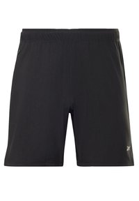 Svarta träningsshorts med midjeband av elastisk material, slät tygkvalitet och en diskret logotypdetalj på nedre högra sidan.