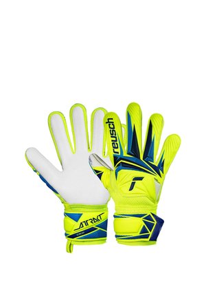 Bright yellow and blue goalkeeper gloves with white palm, branded with "reusch" and "ATTRAKT GRIP" on wrist straps.