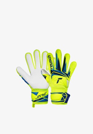 Lyse gule og blå målmandshandsker med hvid håndflade, mærket med "reusch" og "ATTRAKT GRIP" på håndledsremmene.