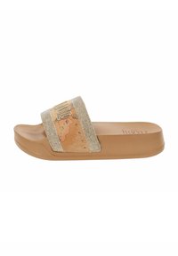 Infradito con base beige, dotate di una fascia dorata glitterata. La parte superiore presenta un design testurizzato in toni di rosa chiaro e marrone.