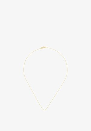 Collana delicata a catena sottile in oro con chiusura a moschettone disposta a forma di goccia su sfondo bianco.