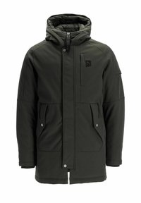 Parka de couleur vert foncé, dotée d'une capuche, d'une fermeture éclair à l'avant, de deux poches latérales et d'une poche poitrine. Fabriquée en matériau texturé, résistant à l'eau.