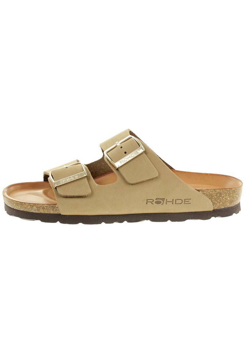 Brąsandale na dwóch paskach z regulowanymi metalowymi klamrami, korkową wkładką i gładką skórzaną cholewką. Konturowy kształt z gumową podeszwą.