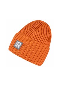 Orange knitted beanie with a ribbed texture, featuring a gray rectangular label with "R" and "#1839" on the front.