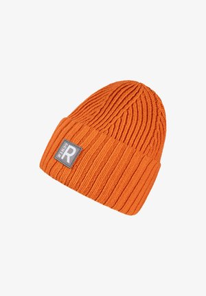 Orange knitted beanie with a ribbed texture, featuring a gray rectangular label with "R" and "#1839" on the front.