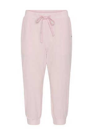 Šviesiai rožinės trumpintos kelnės su raišteliu juosmenyje, priekinėmis kišenėmis ir elastinėmis apačiomis, pateiktos ant balto fono.