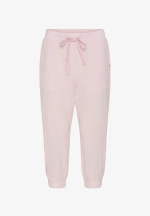 Gaiši rozā īsas bikses ar auklu jostasvietā, priekšējām kabatām un elastīgām aprocēm, attēlotas uz baltas fona.