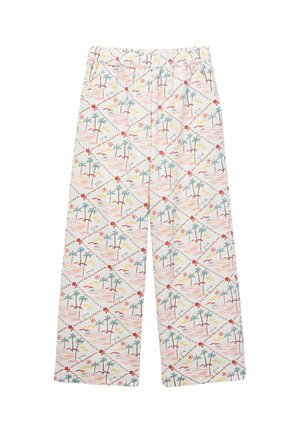 Pantalon blanc ample avec taille élastique, avec un imprimé tropical coloré de palmiers, fleurs, soleils et vagues en motifs losanges.