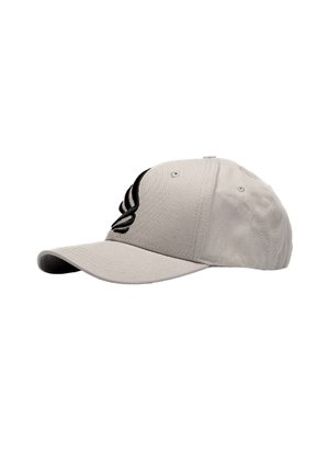 Cappellino da baseball grigio chiaro con logo nero ricamato sulla parte anteriore, design a sei pannelli e visiera curva su sfondo bianco.