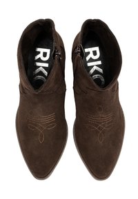 Brown suede ankle boots with pointed toes, zip closures, and decorative stitching in a curved pattern. Textured fabric and smooth accents.
