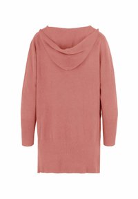 Felpa rosa a maglia con maniche lunghe, dal taglio morbido e rilassato, con una consistenza soffice. Presenta un orlo arrotondato e un dettaglio di cucitura sul retro.