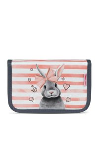 Gray rabbit graphic with a pink bow on a striped pink and white background, featuring small stars and hearts. Gray border and brand tag.