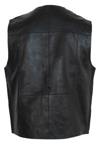 Schwarze Lederweste mit glatter Textur, ärmellosem Design und sichtbaren Nähten. Sie verfügt über rechteckige Rückenteile für einen strukturierten Look.