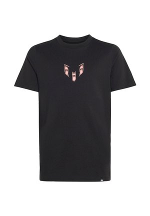 Czarny t-shirt z krótkim rękawem, okrągłym dekoltem i małym, stylizowanym logo w kolorze różowego złota na środku klatki piersiowej.