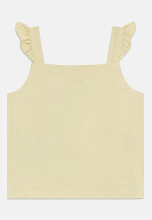 Żółty, bezrękawnik z falbaniastymi ramiączkami, wykonany z błyszczącego materiału, o luźnym kroju i gładkiej teksturze.