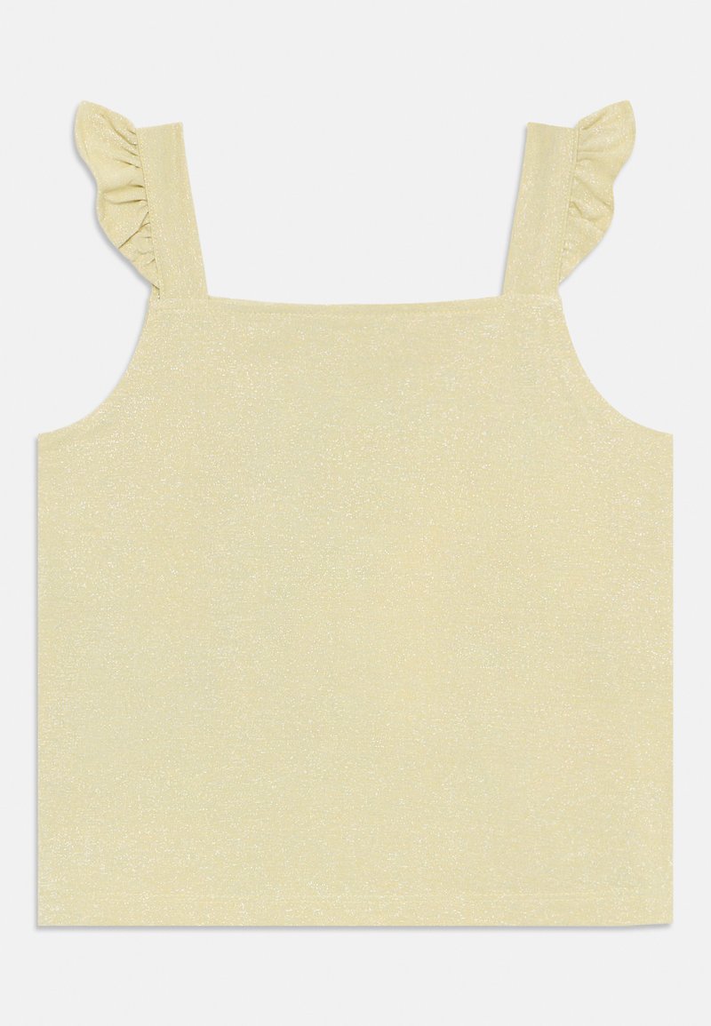 Κίτρινη, χωρίς μανίκια μπλούζα με ριγέ ώμους, φτιαγμένη από γυαλιστερό ύφασμα, με χαλαρή εφαρμογή και μαλακή υφή.