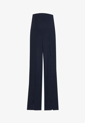 Sötét tengerészkék, bő szárú nadrág, bordázott textúrával, magas derékkal és combcsíkkal a részletgazdagság érdekében.