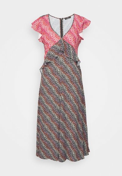 Vestido com padrão floral, decote em V, mangas ruffle e fecho de zip. Apresenta pontos multicoloridos sobre um fundo escuro. Tecido leve.