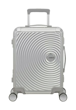 Silver suitcase with a spiral textured surface, hard exterior, extendable handle, and four wheels for mobility.