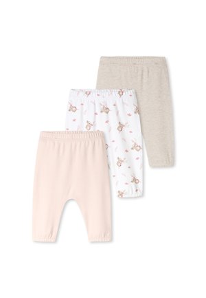 Drei Paar Baby-Leggings in Pastellrosa, Beige und Weiß mit braunem Hasen- und pinkem Blumenmuster auf weißem Hintergrund.