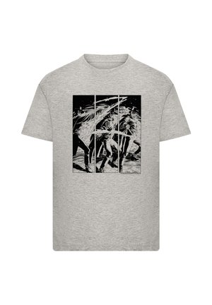 Gray cotton t-shirt featuring a black-and-white graphic print of figures with dynamic poses. Standard crew neck and short sleeves.