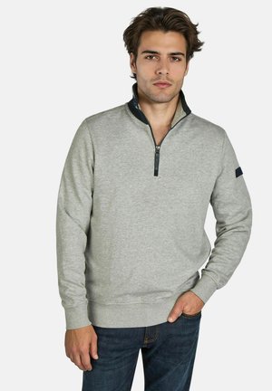 Lichtgrijze fleece pullover met een kwart-rits kraag, marineblauwe accenten bij de kraag en geribbelde manchetten. Casual pasvorm met een soepele textuur.