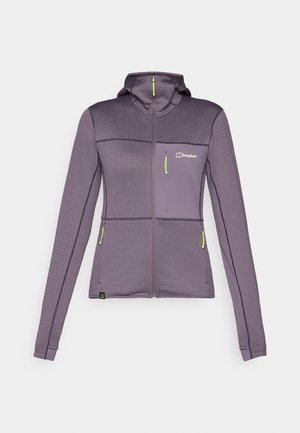 Purple zip-up hooded jacket with textured fabric, featuring a chest pocket and two side pockets, highlighted by yellow zipper details.